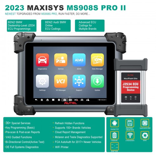 2024 Autel MaxiSys MS908S Pro II with J2534 ECU Programming Coding Active Tests 30+ Special Reset Services with Free Autel MV108S