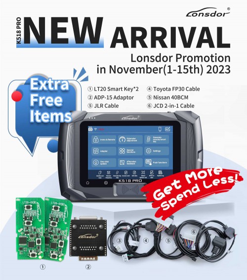 Lonsdor K518 Pro Universal Key Programmer with 2xLT20, Toyota FP30 Cable, Nissan 40 BCM Cable, JCD, JLR and ADP Adapter
