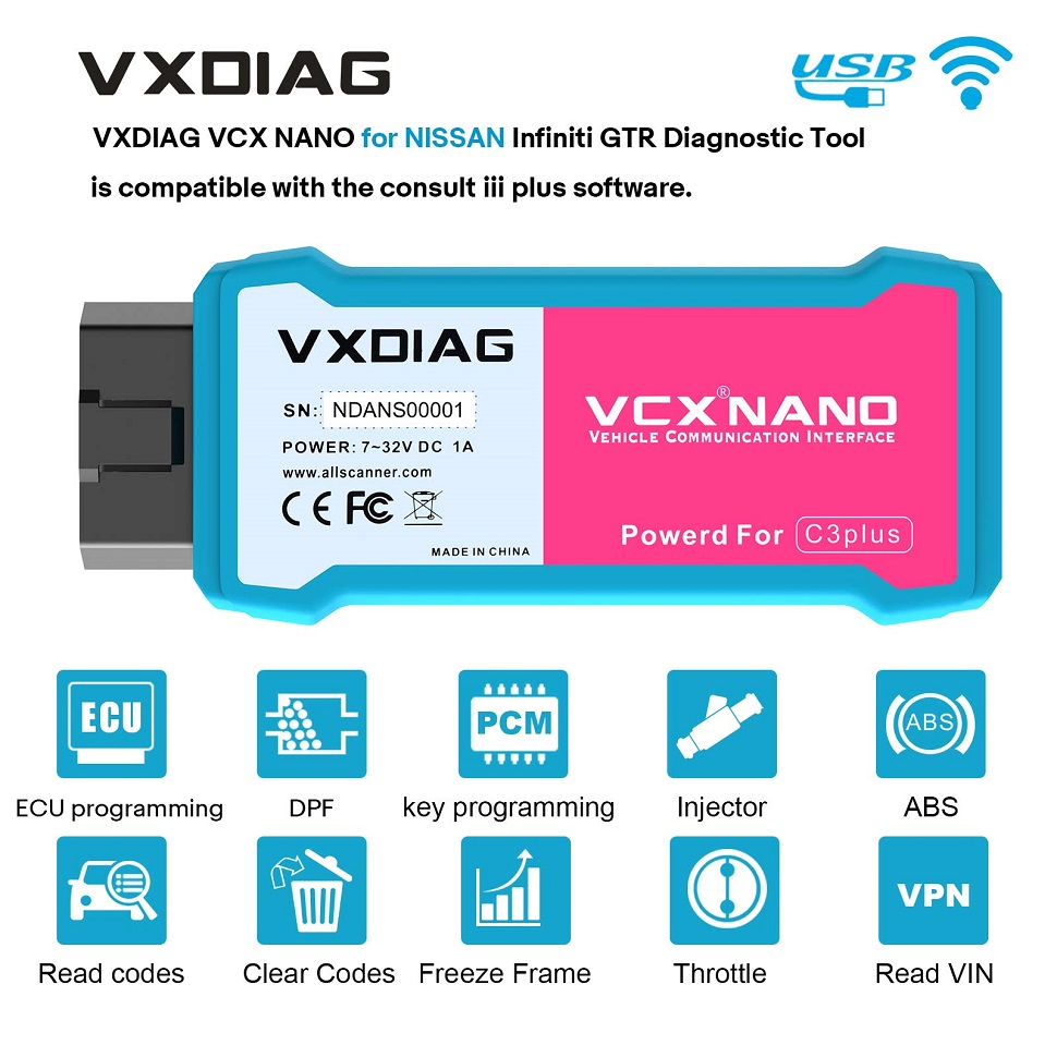 WiFi VXDIAG VCX NANO for NISSAN functions display. 